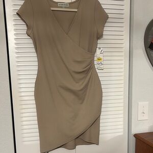 Almost Famous Brown Asymmetrical Wrap Dress V-Neck Cap Sleeve